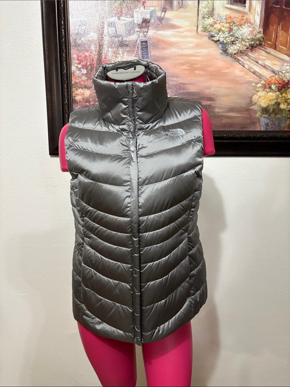 The North Face 550 Goose Down Vest Jacket Silver Gray Women's Medium Full Zip